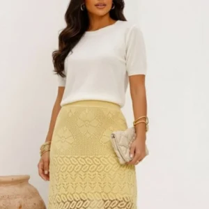 Saia Tricô Rendada Amarelo Manteiga